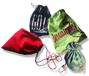 picture of drawstring bags; green, blue and red
